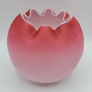 Round Pink Faded White Cased Satin Glass Rose Bowl Vase Pinched Top